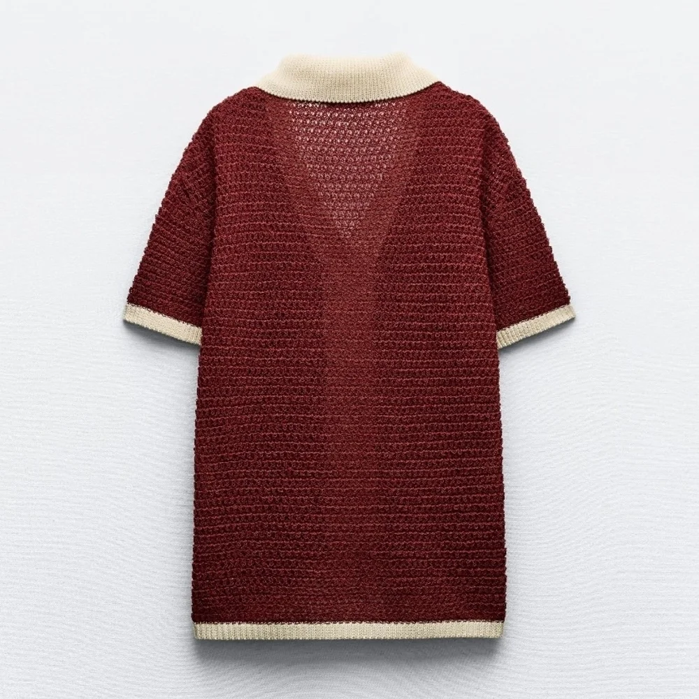 NWT Zara Open Knit Button Front Collared Polo Cardigan In Burgundy/Cream - S/M